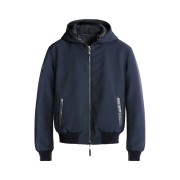 Blouson Reversible avec un côté blue marine en coton et l'autre en cuir noir.