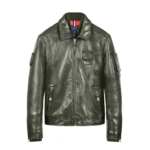 Blouson en cuir de coloris Khaki avec des poches sur le coeur et les épaules.