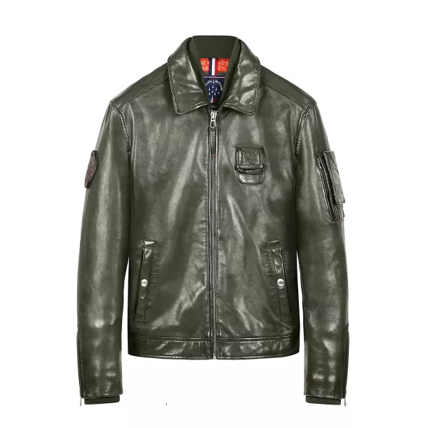 Blouson en cuir de coloris Khaki avec des poches sur le coeur et les épaules.