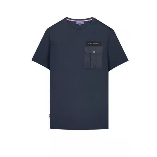 T-shirt Bleu Marine avec poche cousue sur le coeur et coordonnées GPS