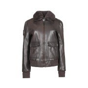 Blouson Femme en cuir Marron avec zip central et col en fourrure