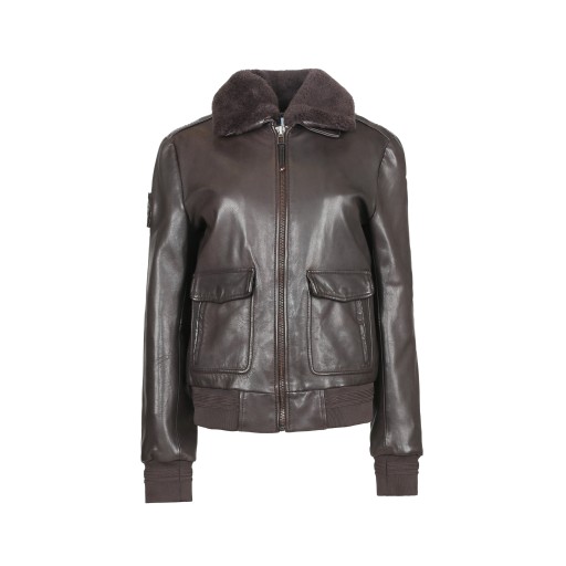 Blouson Femme en cuir Marron avec zip central et col en fourrure