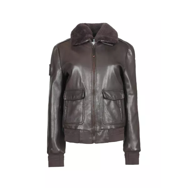 Blouson Femme en cuir Marron avec zip central et col en fourrure