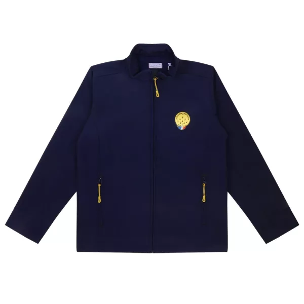 Veste Softshell Bleu Marine avec patch Patrouille de France sur le coeur et  zip jaunes sur le milieu et les poches ventrales.