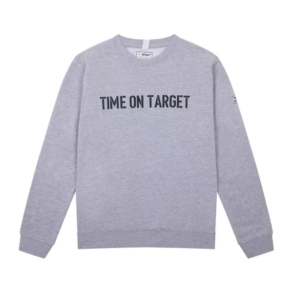 Pull Gris au col rond avec inscription "Time on Target" sur le torse