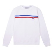 Pull blanc avec bande tricolore traversant la poitrine.