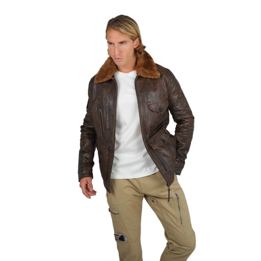 Blouson en Cuir Marron avec col en shearling