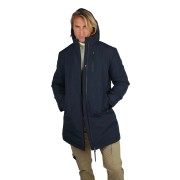 Parka Patrouille de France bleue marine, avec col haut et capuche.