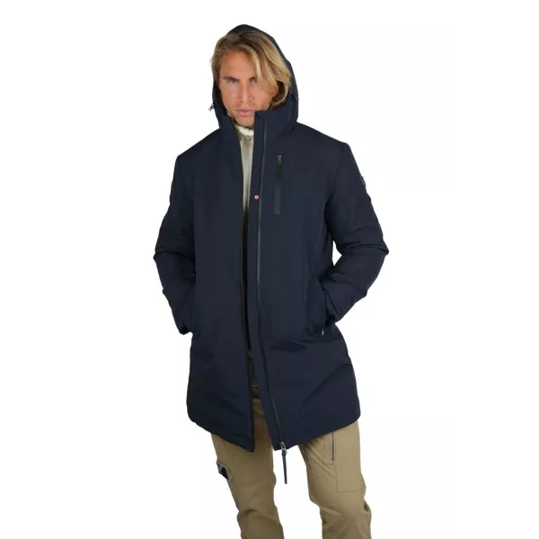 Parka Patrouille de France bleue marine, avec col haut et capuche.