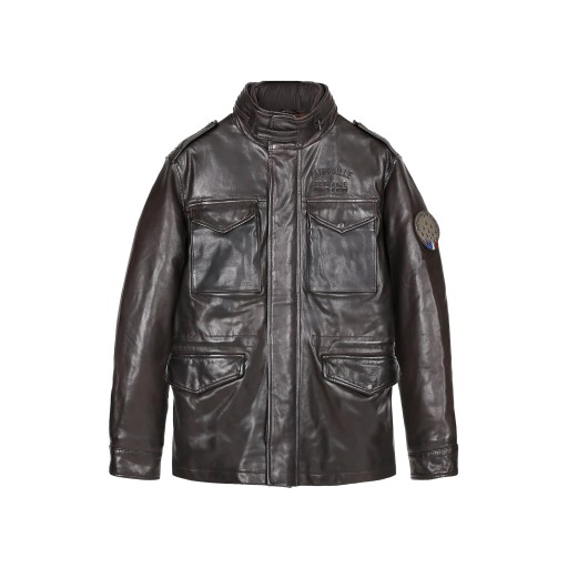 Blouson en Cuir Marron avec 4 poches sur le devant.