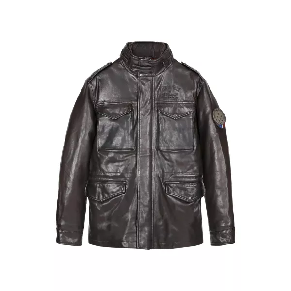 Blouson en Cuir Marron avec 4 poches sur le devant.