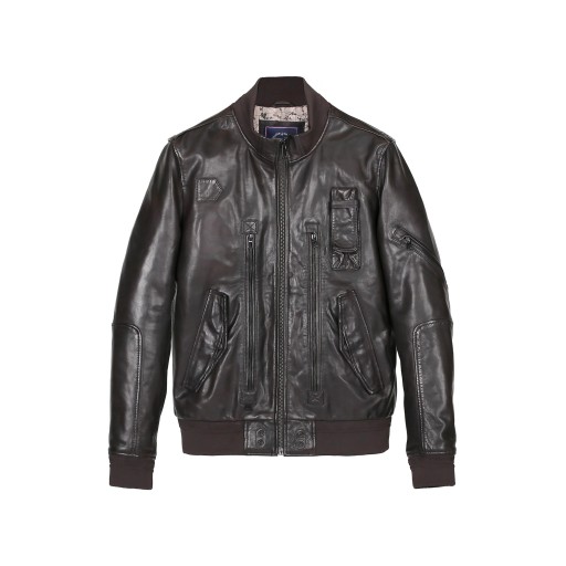 Blouson en Cuir Marron avec 2 poches latérales zippées et 2 poches latérales a clips