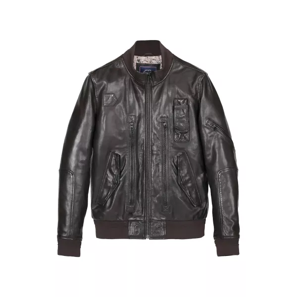 Blouson en Cuir Marron avec 2 poches latérales zippées et 2 poches latérales a clips