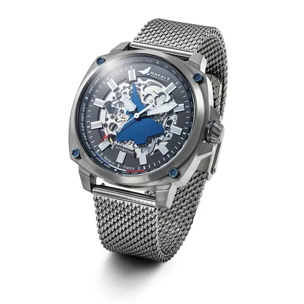 Montre automatique Rafale Solo Display Pilote Bleu - Cadran Acier et Bracelet Acier maille milanaise