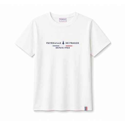 T-shirt blanc avec une inscription Patrouille de France ainsi qu'un Alpha Jet et un drapeau tricolore en broderie sur le torse.