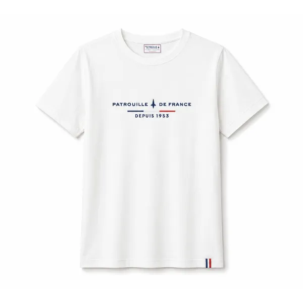 T-shirt blanc avec une inscription Patrouille de France ainsi qu'un Alpha Jet et un drapeau tricolore en broderie sur le torse.