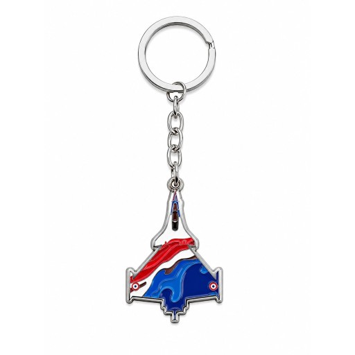 Porte-clé en métal argenté avec visuel tricolore du Rafale Solo Display