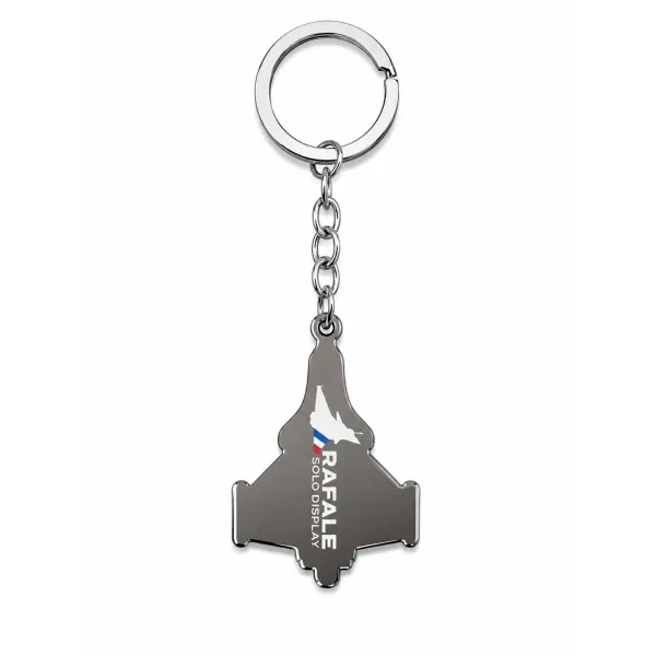 Verso du porte-clé en metal argenté avec le logo du Rafale Solo Display