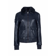 Blouson en cuir bleu marine sombre avec col en fourrure de la même couleur