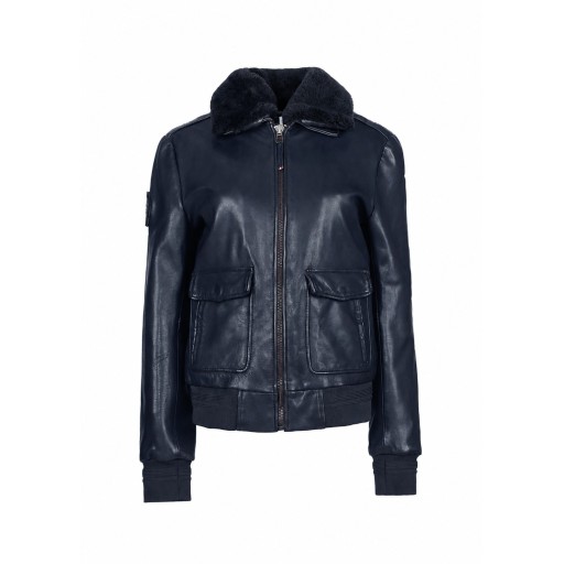 Blouson en cuir bleu marine sombre avec col en fourrure de la même couleur