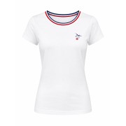 T-shirt blanc à la coupe ajustée pour les femmes. Col bleu-blanc-rouge et broderie sur le cœur de l'épervier de l'AAE.