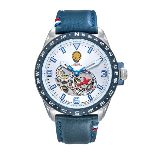 Montre Athos 6 Automatique - Cadran gris et bracelet Cuir Bleu