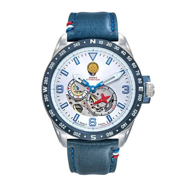Montre Athos 6 Automatique - Cadran gris et bracelet Cuir Bleu