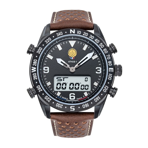 Montre Athos 1 Chrono Alarme - Cadran Noir et Cuir Marron