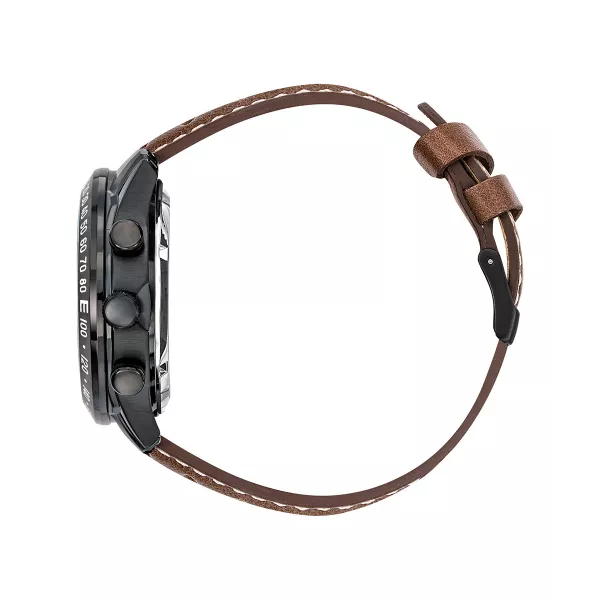 Profil de la montre avec bracelet en cuir et boutons noirs.