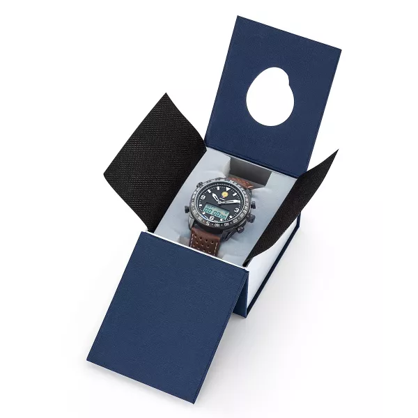 Coffret bleu marin, écrin de la montre.