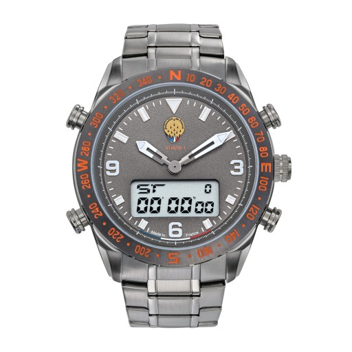 Montre en metal avec cadran gris et écran digital.