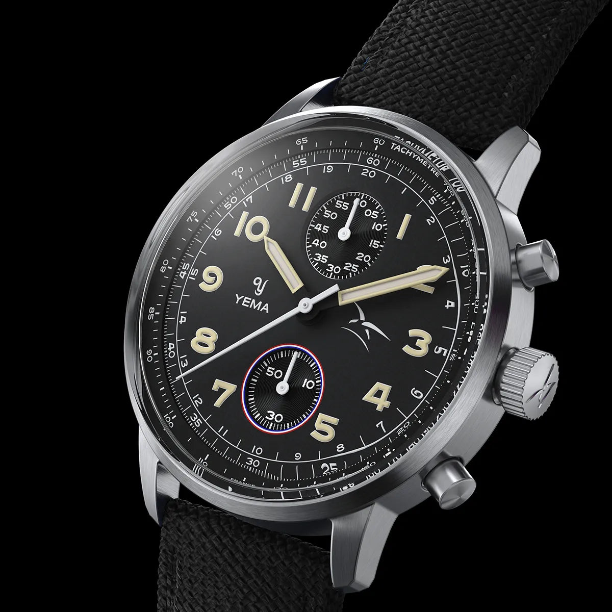 Montre chronographe YEMA avec cadran noir, chiffres beiges et bracelet en tissu noir