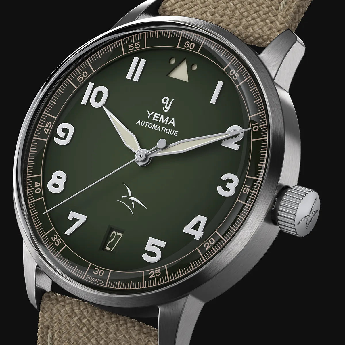 Montre chronographe YEMA avec cadran vert, chiffres blancs et bracelet en tissu khaki