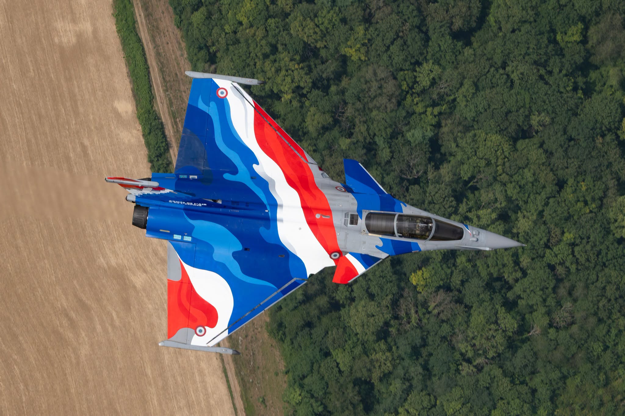 Rafale en vol, arborant les couleurs bleu-blanc-rouge 