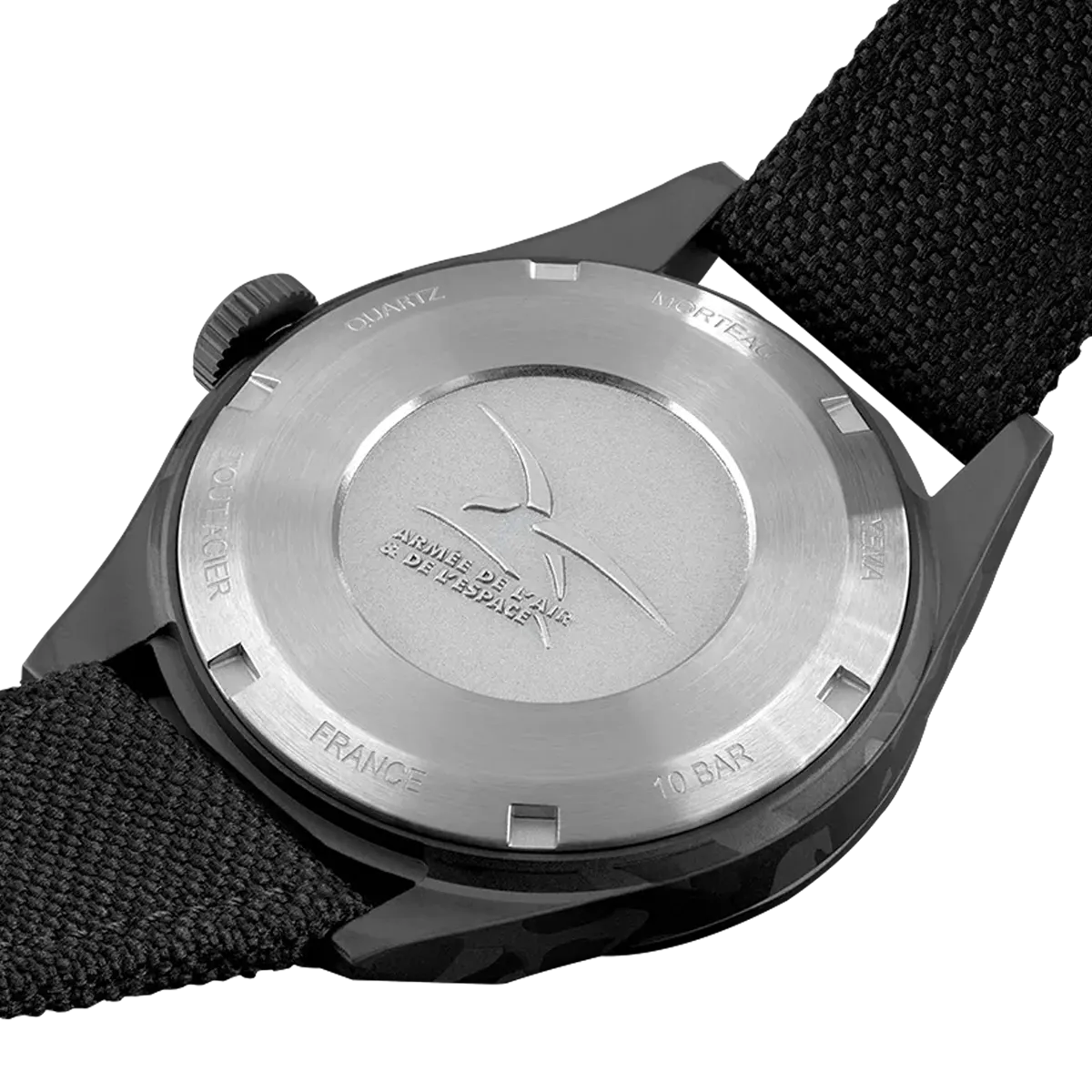 Montre YEMA avec cadran noir, chiffres blancs et bracelet en tissu noir