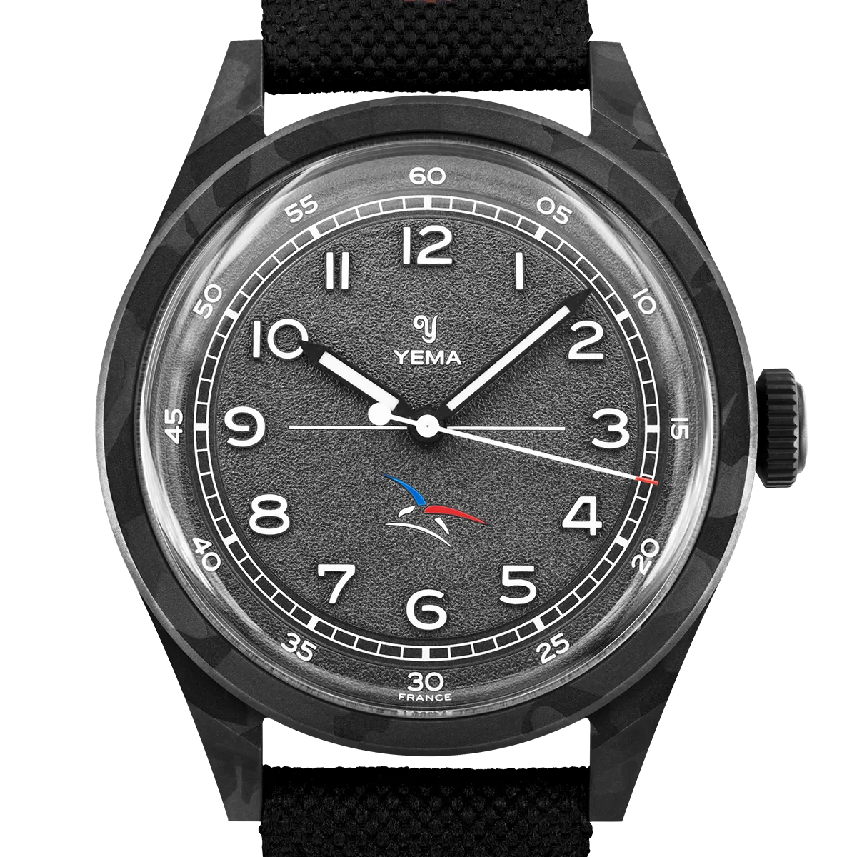 Montre YEMA avec cadran noir, chiffres blancs et bracelet en tissu noir